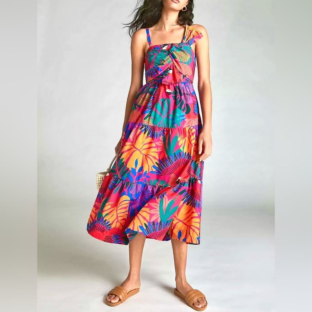 Farm Rio Macaw Tropical Bow Midi Dress XS Resort Vacation